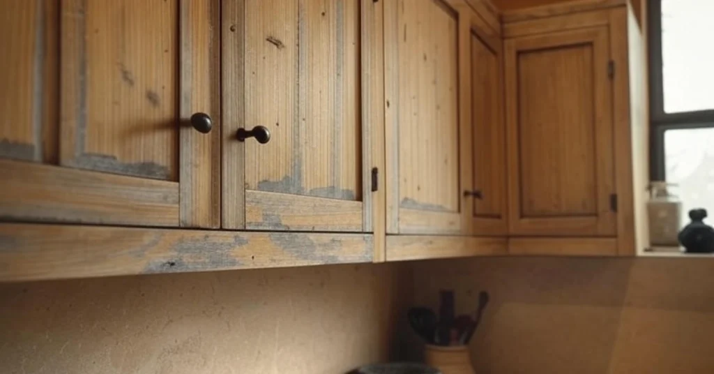 2. Distressed Wood Cabinets