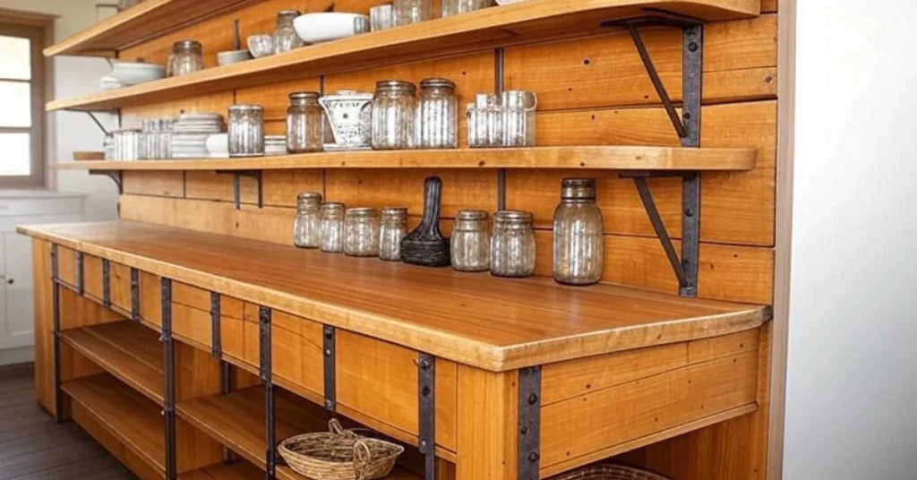 4. Open Shelving Rustic Cabinets