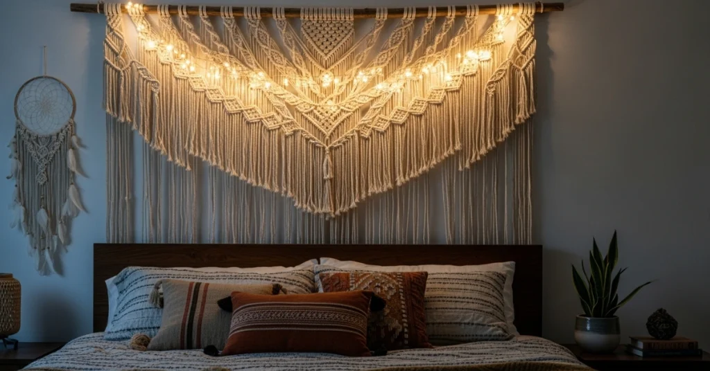 2. Macramé and Fairy Lights Wall Art